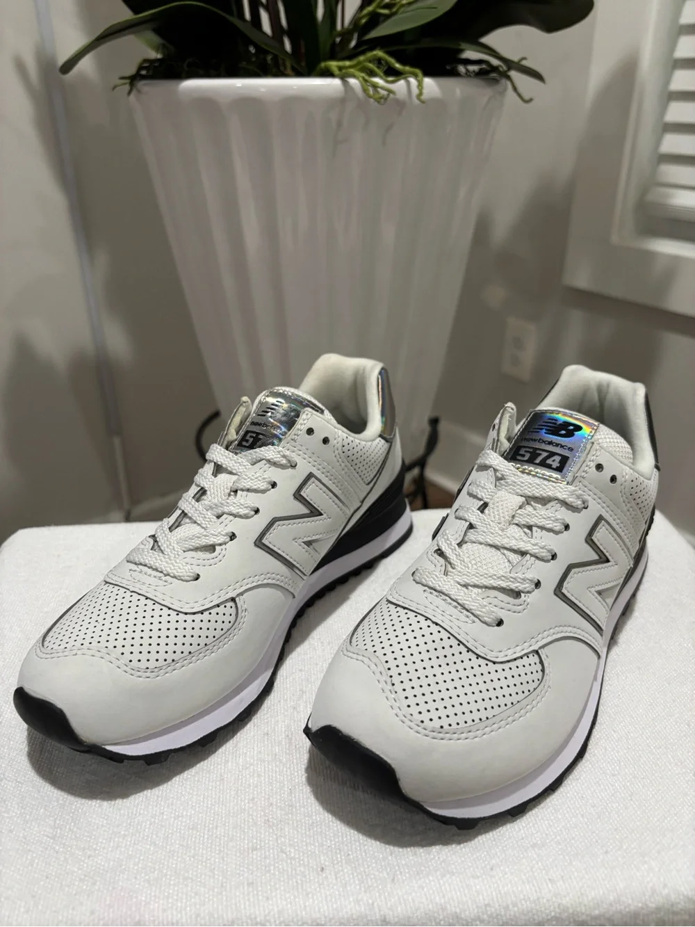 New Balance 574 Women’s White Sneakers in Light Gray and Black Accents